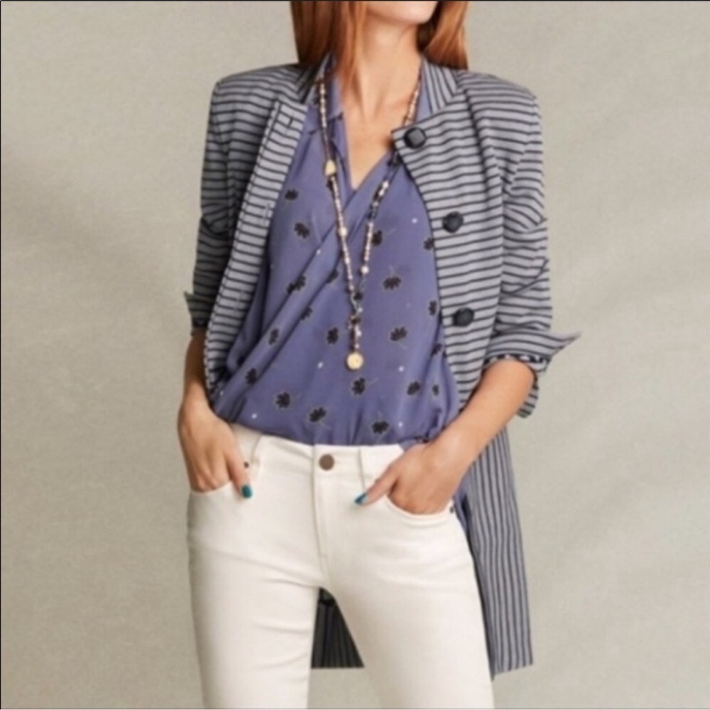 CAbi Dappled Striped Navy Gray Collarless Car Coat Jacket Blazer Academia Size L - Picture 3 of 16